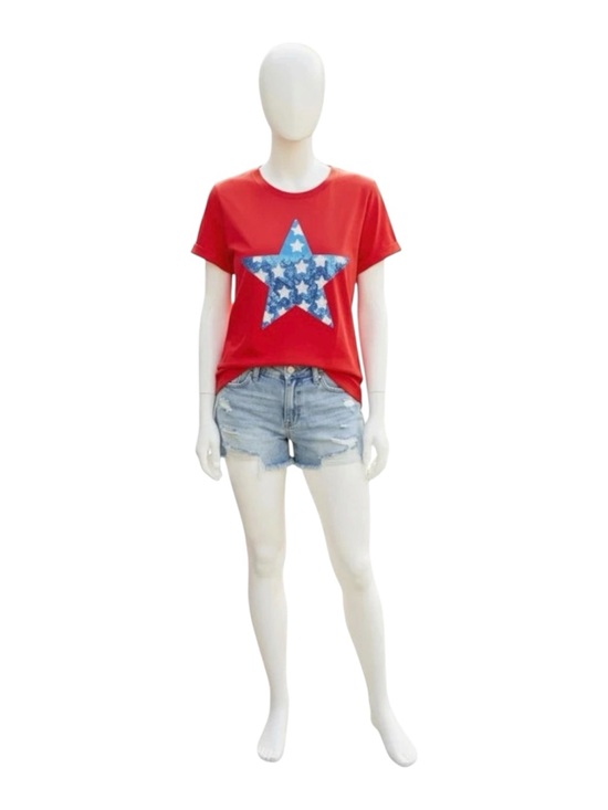 Tops - POODIT red loose soft sequin star patriotic tee S M L XL
